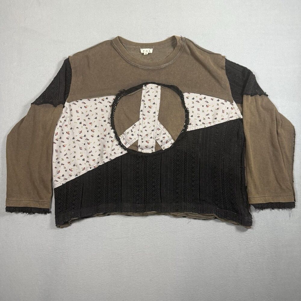 POL Womens Small Patchwork Peace Sign Top Brown Floral Crochet Thermal FKT1281B